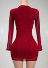 LONDYN RED RHINESTONE MESH LONG SLEEVE BODYCON MINI DRESS