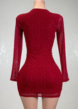 LONDYN RED RHINESTONE MESH LONG SLEEVE BODYCON MINI DRESS