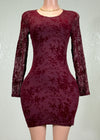 DELANEY BURGUNDY FLOWER DETAIL MESH BODYCON MINI DRESS