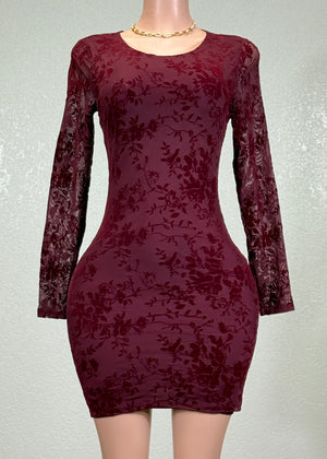 DELANEY BURGUNDY FLOWER DETAIL MESH BODYCON MINI DRESS