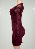 DELANEY BURGUNDY FLOWER DETAIL MESH BODYCON MINI DRESS