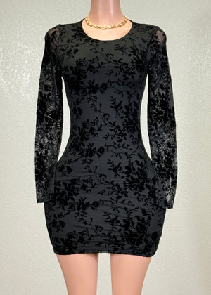 DELANEY BLACK FLOWER DETAIL MESH BODYCON MINI DRESS