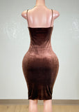 RIVER BROWN VELVET STRAPPY BODYCON MIDI DRESS