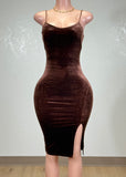 RIVER BROWN VELVET STRAPPY BODYCON MIDI DRESS