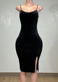 RIVER BLACK VELVET STRAPPY BODYCON MIDI DRESS