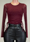 BLAIR BURGUNDY RHINESTONE RUCHED ADJUSTABLE SIDES TOP