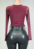 BLAIR BURGUNDY RHINESTONE RUCHED ADJUSTABLE SIDES TOP