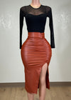 LORNA RUST FAUX LEATHER MIDI SKIRT