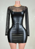 ARIELLA BLACK FAUX LEATHER MIDI DRESS WITH MESH UNDER SHIRT
