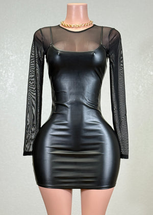 ARIELLA BLACK FAUX LEATHER MIDI DRESS WITH MESH UNDER SHIRT