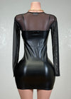 ARIELLA BLACK FAUX LEATHER MIDI DRESS WITH MESH UNDER SHIRT