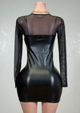 ARIELLA BLACK FAUX LEATHER MIDI DRESS WITH MESH UNDER SHIRT