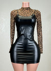 ARIELLA BLACK FAUX LEATHER MIDI DRESS WITH MESH ANIMAL PRINT UNDER SHIRT