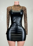 ARIELLA BLACK FAUX LEATHER MIDI DRESS WITH MESH ANIMAL PRINT UNDER SHIRT