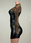ARIELLA BLACK FAUX LEATHER MIDI DRESS WITH MESH ANIMAL PRINT UNDER SHIRT