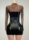 ARIELLA BLACK FAUX LEATHER MIDI DRESS WITH MESH ANIMAL PRINT UNDER SHIRT