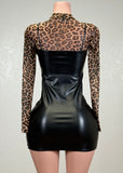 ARIELLA BLACK FAUX LEATHER MIDI DRESS WITH MESH ANIMAL PRINT UNDER SHIRT