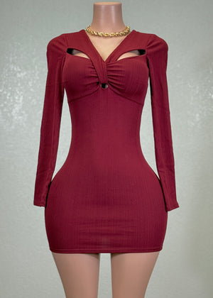 VENUS BURGUNDY TWISTED CUTOUT KEYHOLE BODYCON MINI DRESS