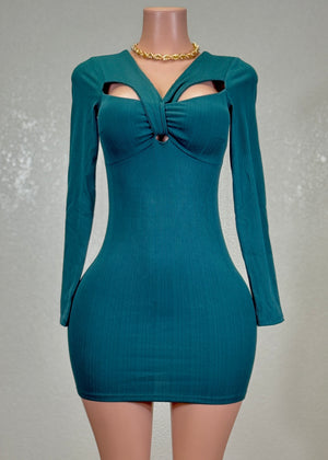 VENUS HUNTER GREEN TWISTED CUTOUT KEYHOLE BODYCON MINI DRESS