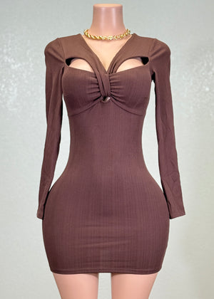 VENUS BROWN TWISTED CUTOUT KEYHOLE BODYCON MINI DRESS