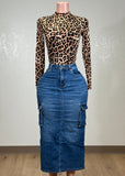 SAWYER BLUE DENIM STRETCHY HIGH WAISTED CARGO SKIRT
