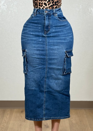 SAWYER BLUE DENIM STRETCHY HIGH WAISTED CARGO SKIRT