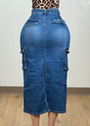 SAWYER BLUE DENIM STRETCHY HIGH WAISTED CARGO SKIRT