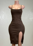 ELIA COFFEE BROWN SUEDE STRAPPY BODYCON MIDI DRESS