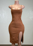 ELIA CAMEL SUEDE STRAPPY BODYCON MIDI DRESS