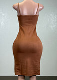 ELIA CAMEL SUEDE STRAPPY BODYCON MIDI DRESS