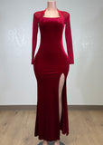DHALI RED MESH LONG SLEEVES VELVET BODYCON MAXI DRESS
