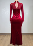 DHALI RED MESH LONG SLEEVES VELVET BODYCON MAXI DRESS