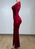DHALI RED MESH LONG SLEEVES VELVET BODYCON MAXI DRESS
