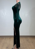 DHALI GREEN MESH LONG SLEEVES VELVET BODYCON MAXI DRESS