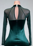 DHALI GREEN MESH LONG SLEEVES VELVET BODYCON MAXI DRESS