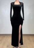 DHALI BLACK MESH LONG SLEEVES VELVET BODYCON MAXI DRESS