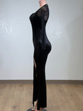 DHALI BLACK MESH LONG SLEEVES VELVET BODYCON MAXI DRESS