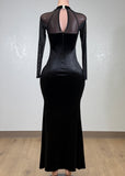 DHALI BLACK MESH LONG SLEEVES VELVET BODYCON MAXI DRESS