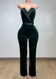 DUBAI GREEN STRAPLESS VELVET JUMPSUIT