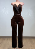DUBAI BROWN STRAPLESS VELVET JUMPSUIT