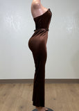DUBAI BROWN STRAPLESS VELVET JUMPSUIT