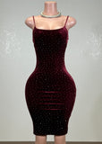 SOL BURGUNDY RHINESTONE SPAGHETTI STRAPS BODYCON MINI DRESS