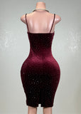 SOL BURGUNDY RHINESTONE SPAGHETTI STRAPS BODYCON MINI DRESS