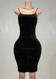 SOL BLACK RHINESTONE SPAGHETTI STRAPS BODYCON MINI DRESS