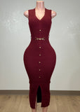 HAVEN BURGUNDY FRONT BUTTONED MIDI DRESS