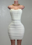 PEYTON WHITE MESH RUCHED BODYCON MINI DRESS