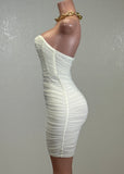 PEYTON WHITE MESH RUCHED BODYCON MINI DRESS