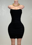 PEYTON BLACK MESH RUCHED BODYCON MINI DRESS