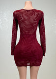 ADA BURGUNDY FLOWER DETAIL MESH MINI DRESS
