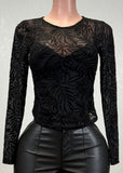 EDEN BLACK LEAVES DETAIL MESH LONG SLEEVE TOP